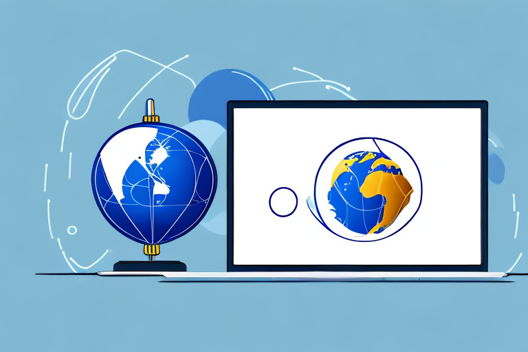 A laptop with a globe in the background