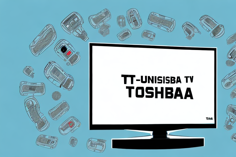 A toshiba tv with a universal remote control in front of it