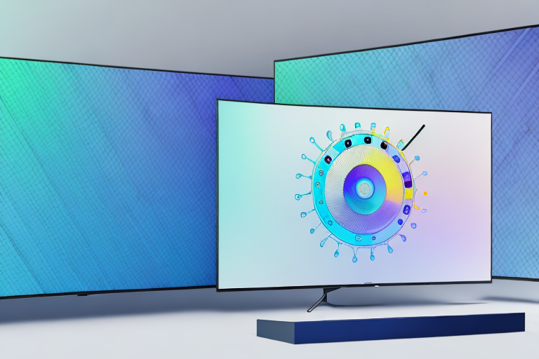 A samsung qled q90r television with a logitech and harmony remote control side-by-side