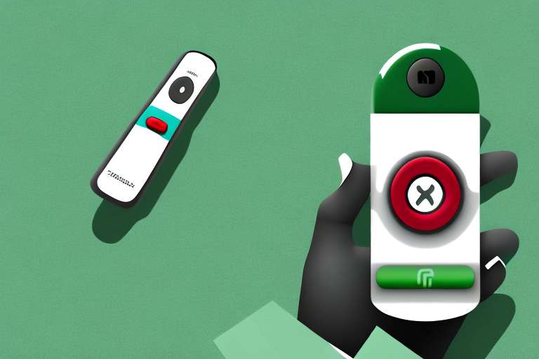 A xfinity remote with a green and red button