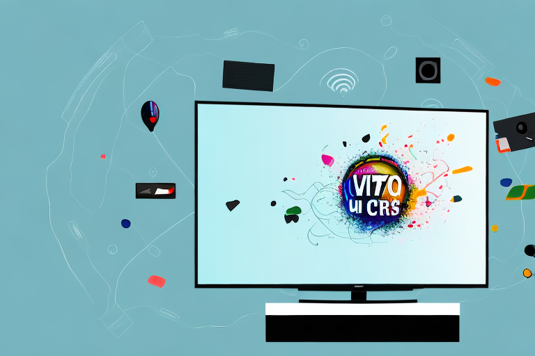 A vizio tv with a remote control hovering nearby