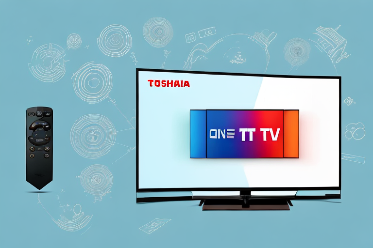 A toshiba v5864 series tv with a one for all remote and an amazon fire tv stick connected to it